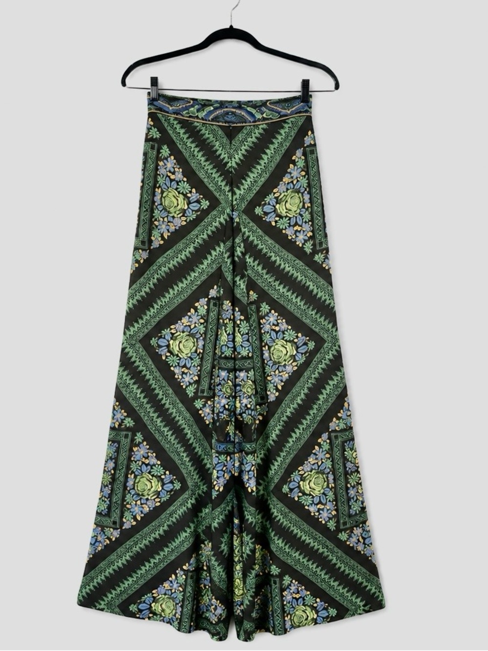 Free People Green  Wide-Leg Floral Print Pants with Green and Blue Accents
